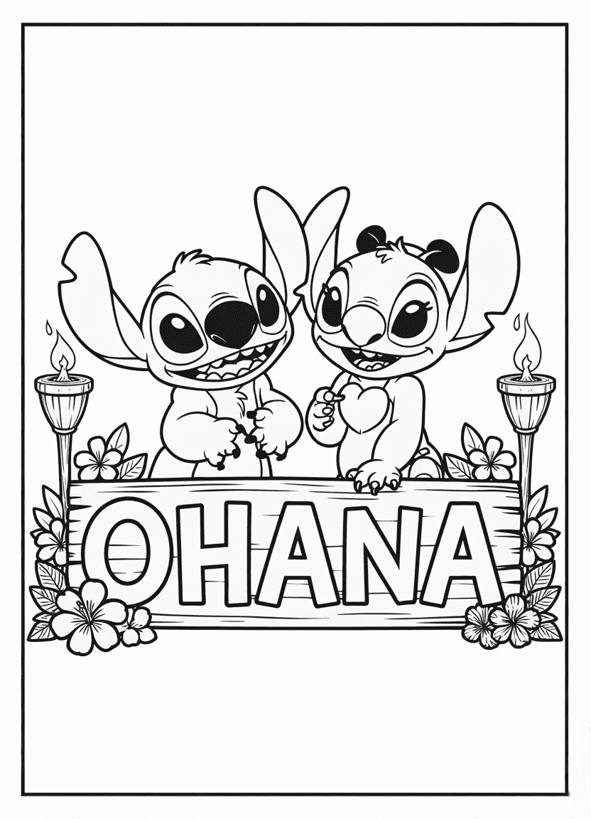 Stitch and Angel in front of an Ohana sign