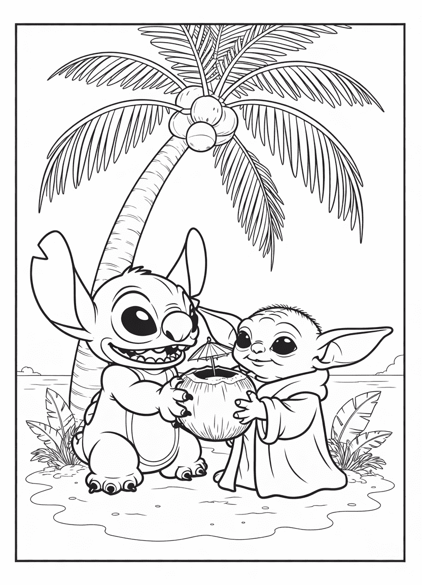 Stitch and Baby Yoda sharing a coconut drink.