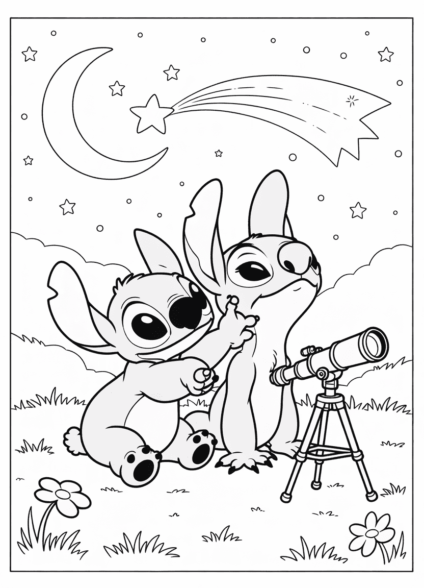 Stitch and Pleakley stargazing on the grass