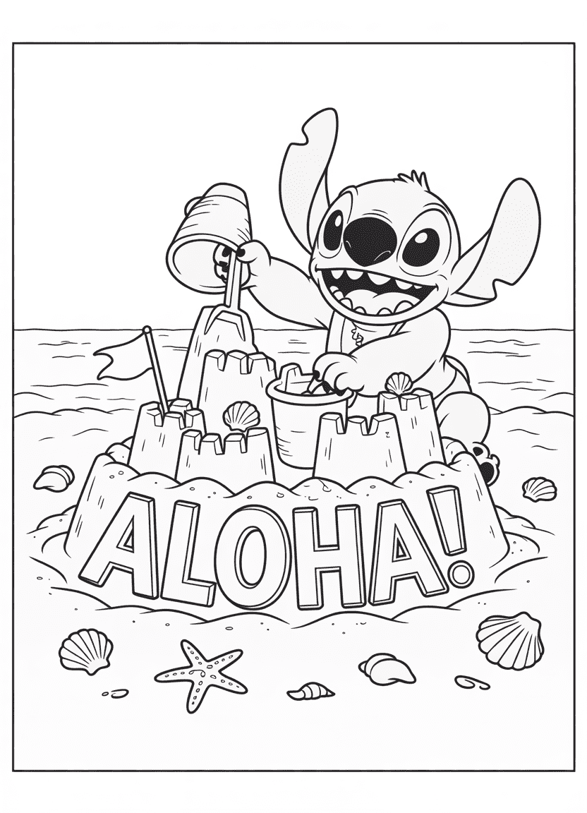 Stitch building a sandcastle on the beach