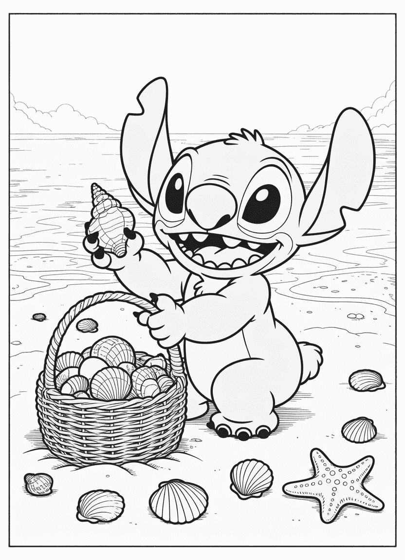 Stitch collecting seashells on the beach