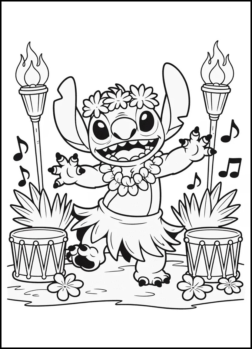 Stitch dancing in a Hawaiian luau wearing a grass skirt
