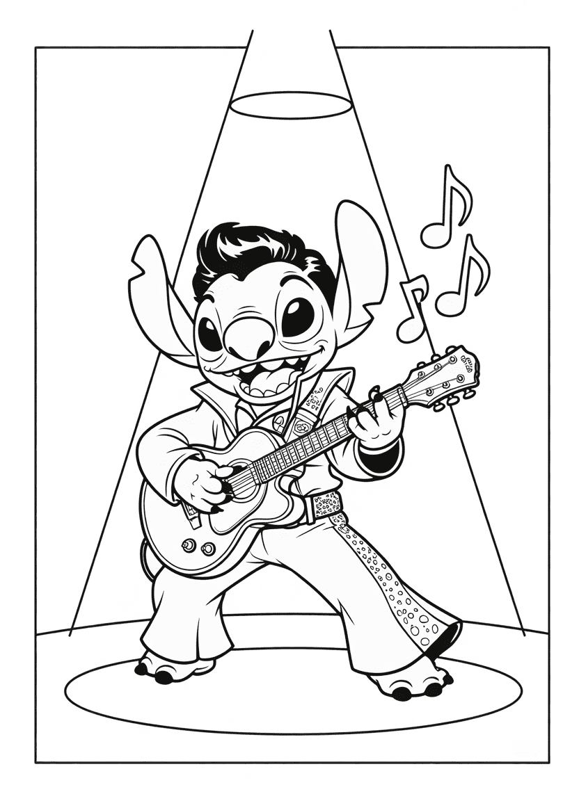Stitch dressed as Elvis with a guitar on stage