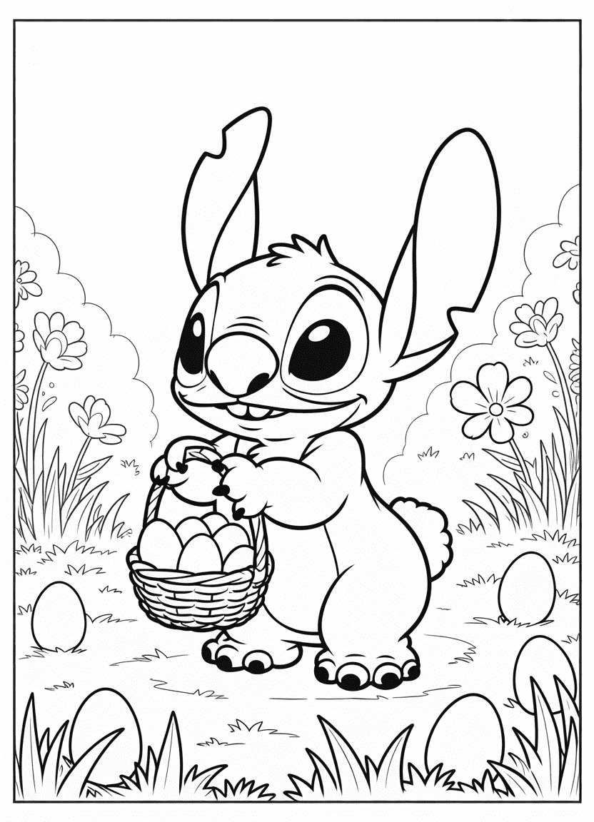 Stitch dressed as a bunny holding an egg basket