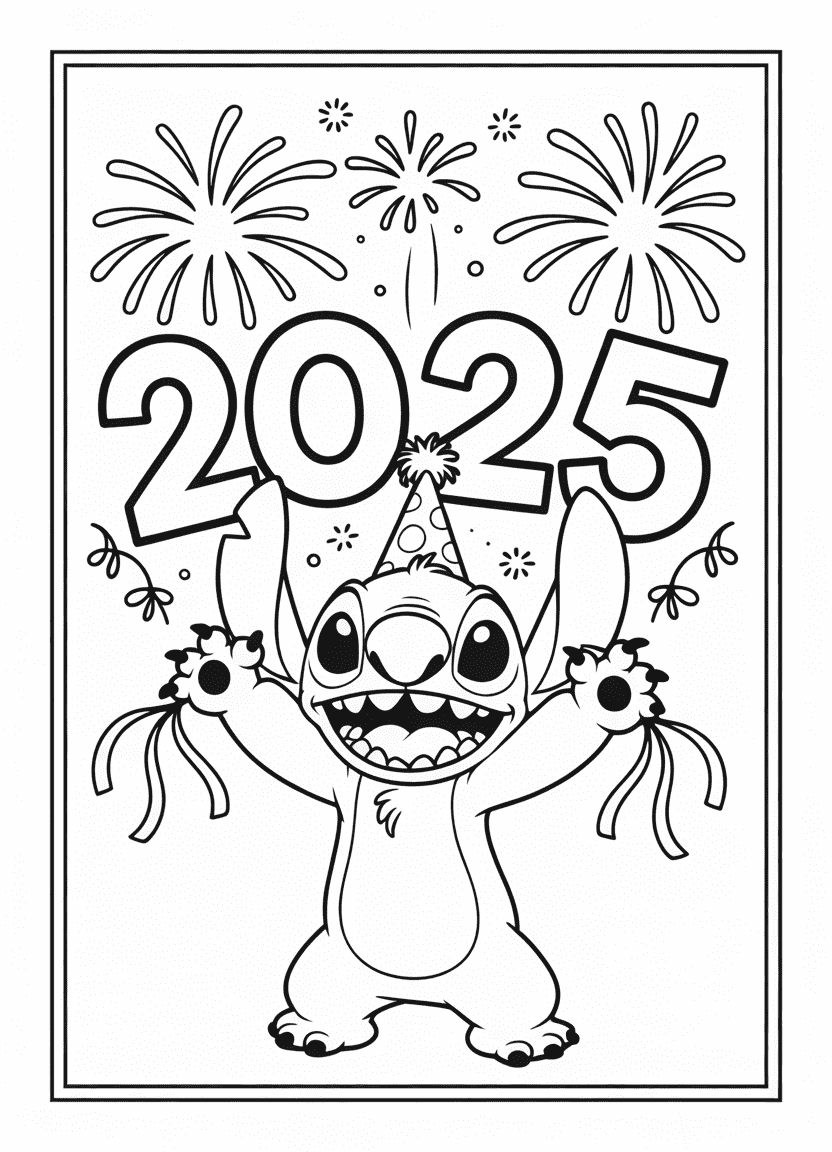 Stitch holding a “2025” sign with fireworks