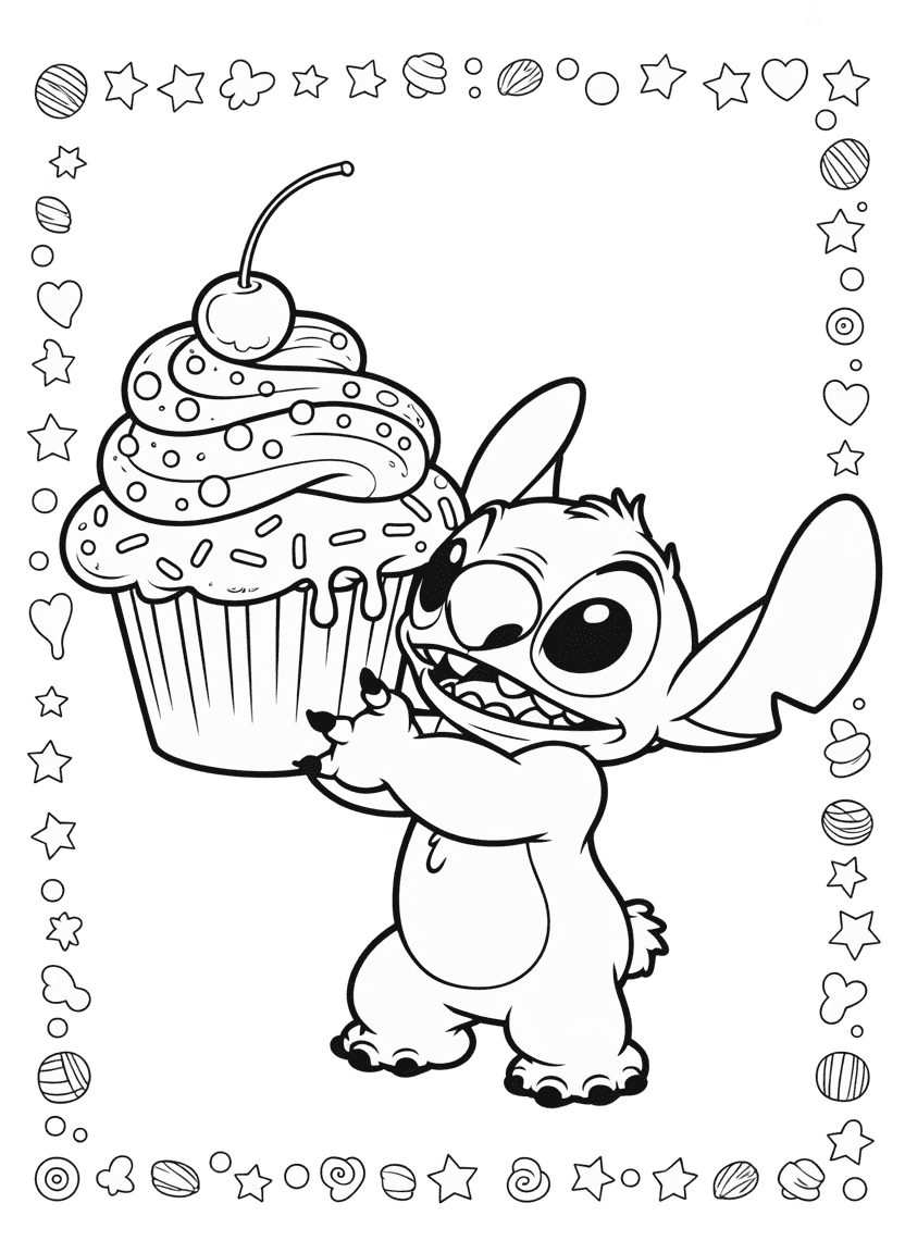 Stitch holding a giant cupcake with sprinkles