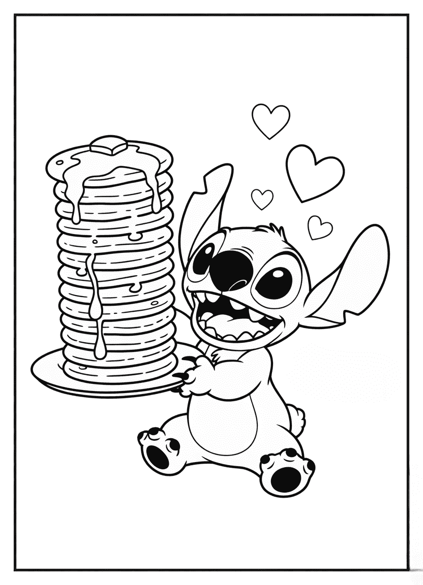 Stitch holding a tall pancake stack with syrup