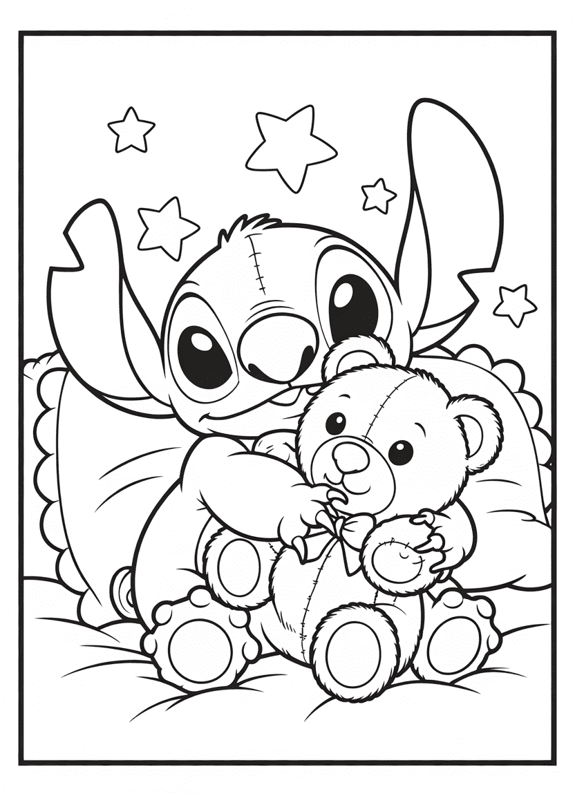 Stitch hugging a teddy bear and looking up adorably