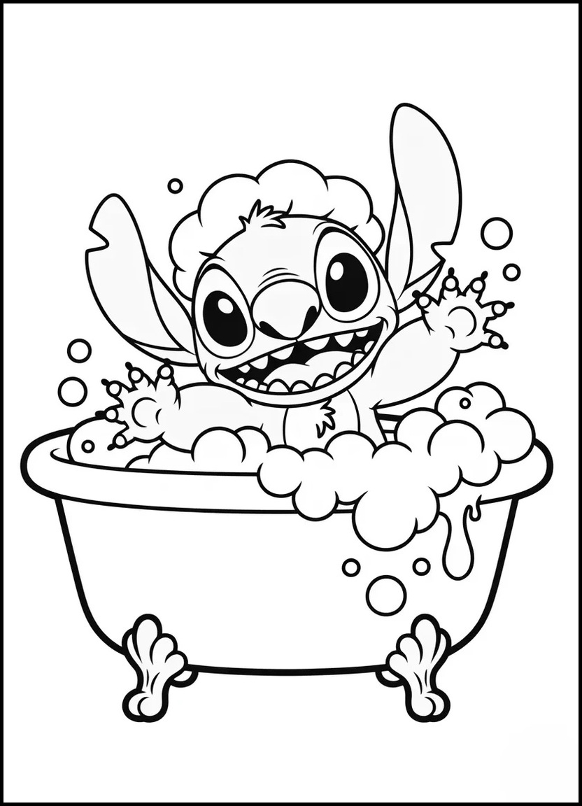 Stitch in a bathtub with bubbles and shower cap