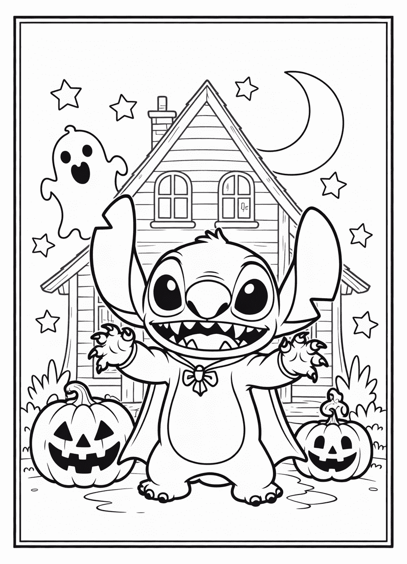 Stitch in a vampire costume with a haunted house backdrop