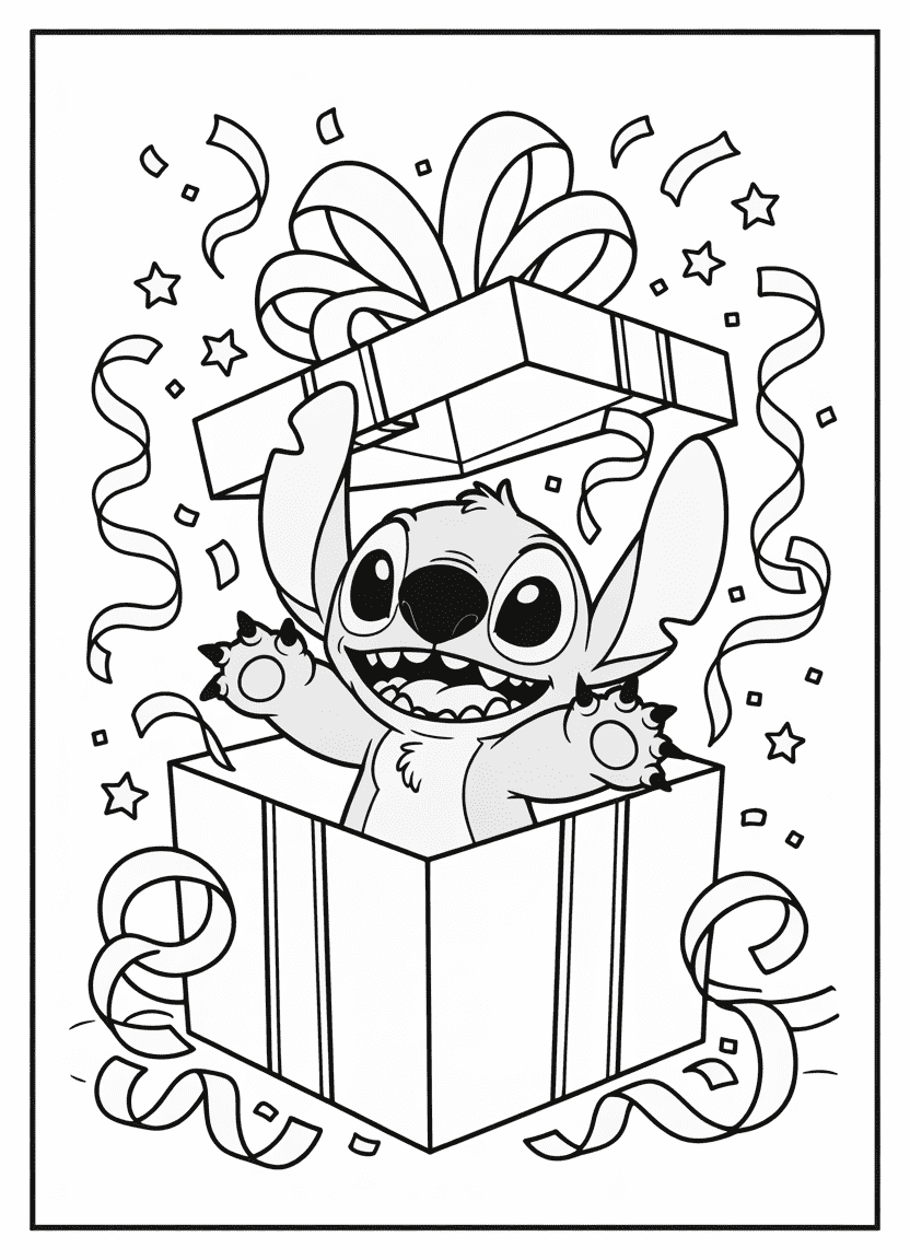 Stitch jumping out of a gift box with confetti