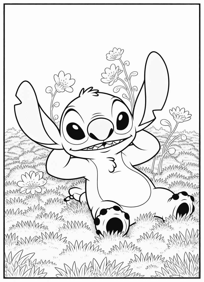 Stitch lying in a flower field with a smile