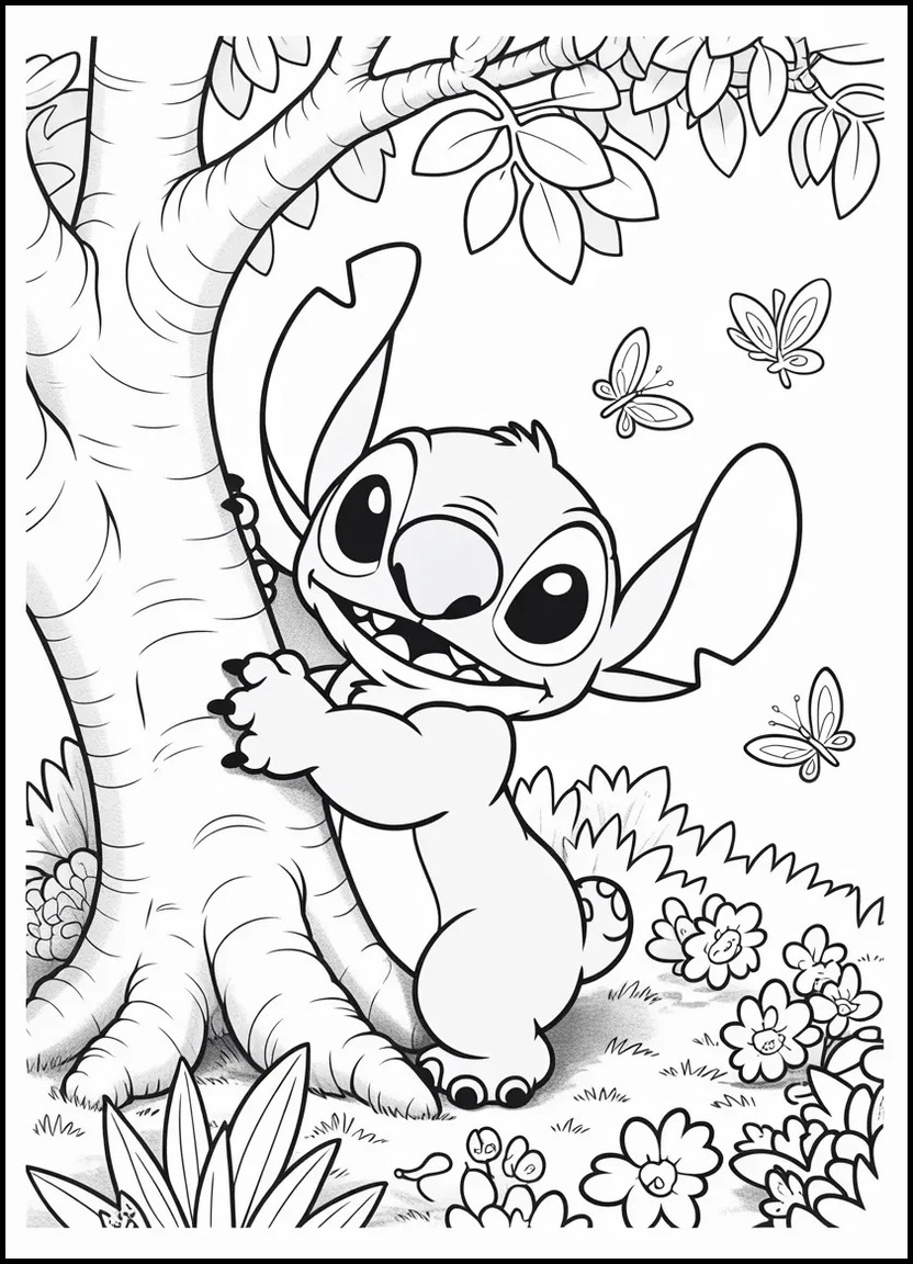 Stitch peeking from behind a wall with a curious expression