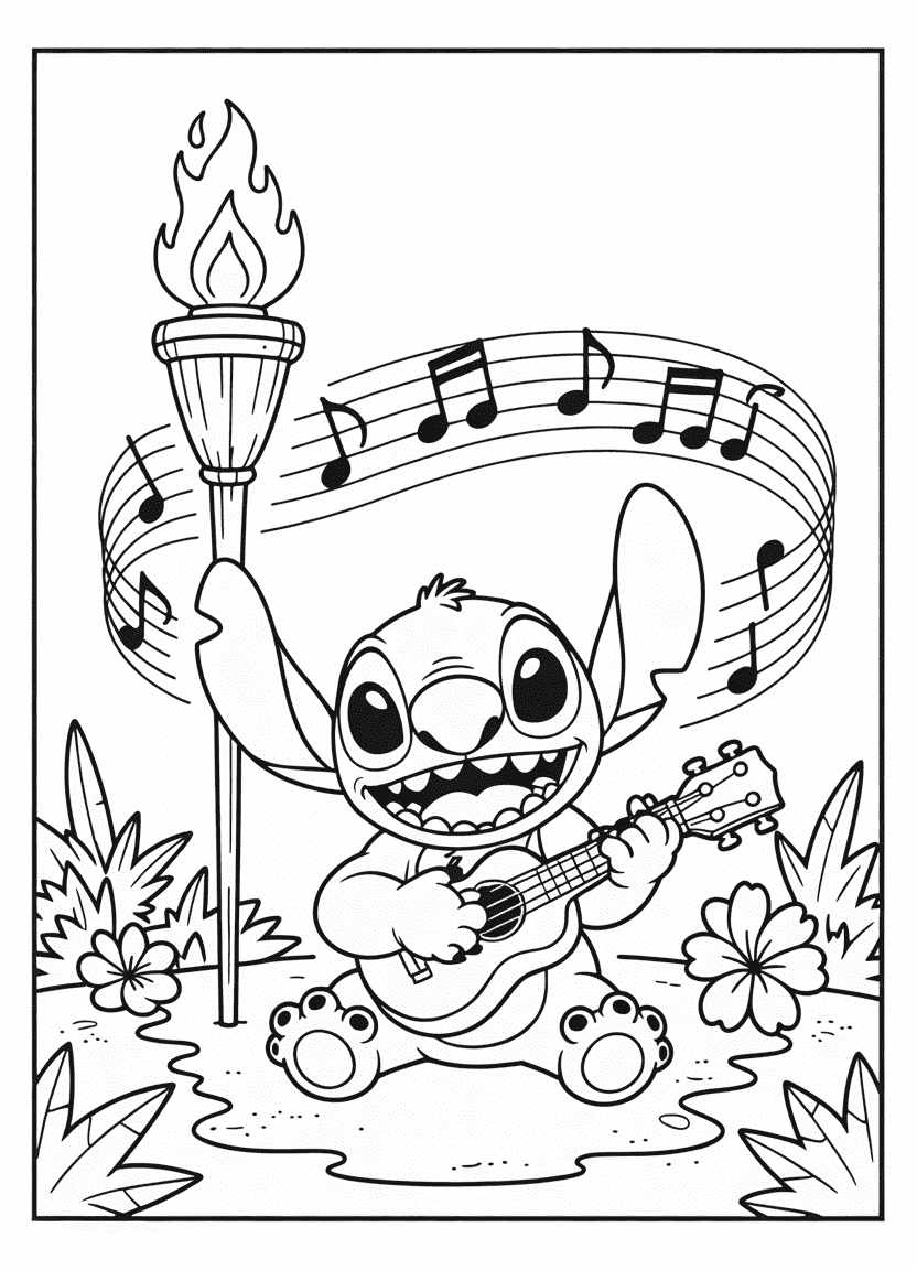 Stitch playing a ukulele with music notes