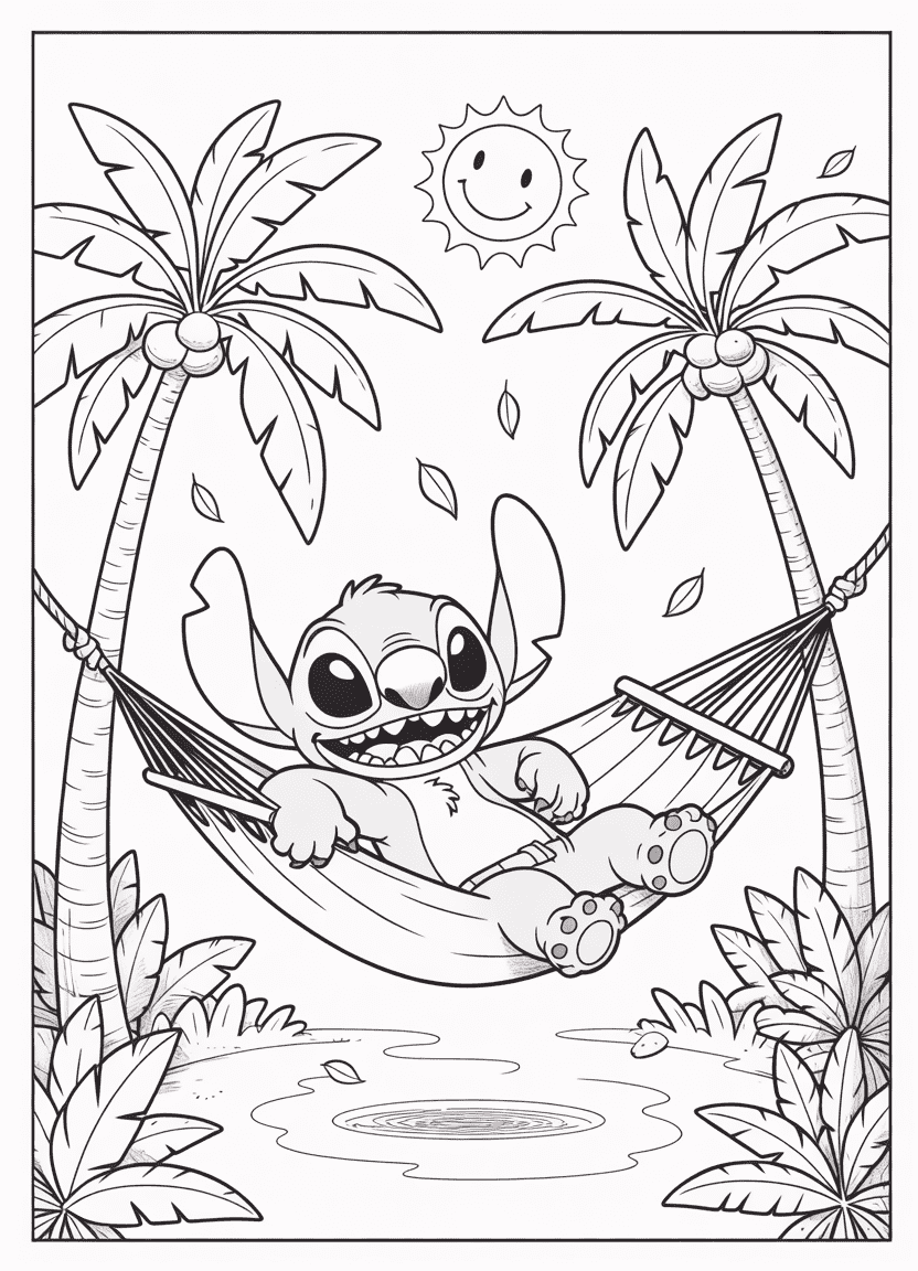 Stitch relaxing in a hammock under palm trees