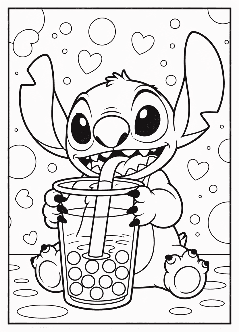 Stitch sipping boba tea with a big straw and smile