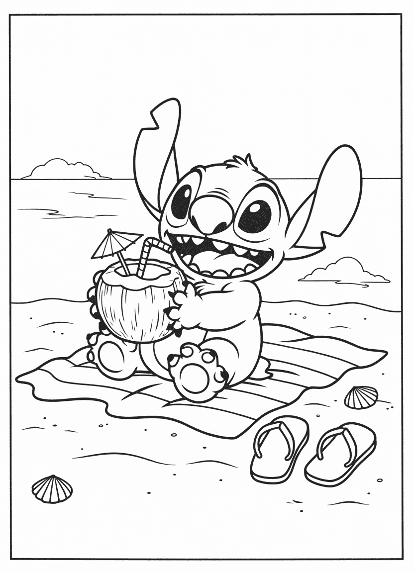 Stitch sipping from a coconut drink on the beach