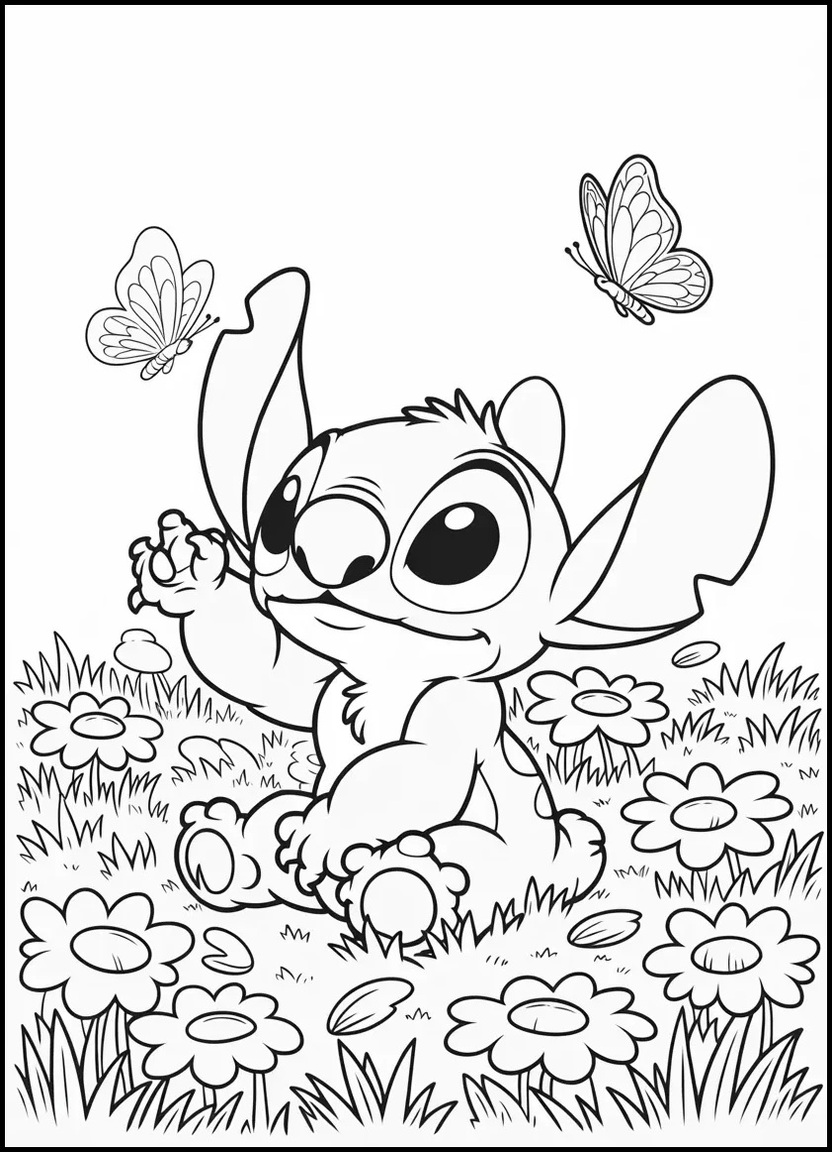 Stitch sitting peacefully with butterflies landing on him