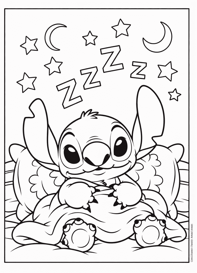 Stitch sleeping curled up with Scrump doll.