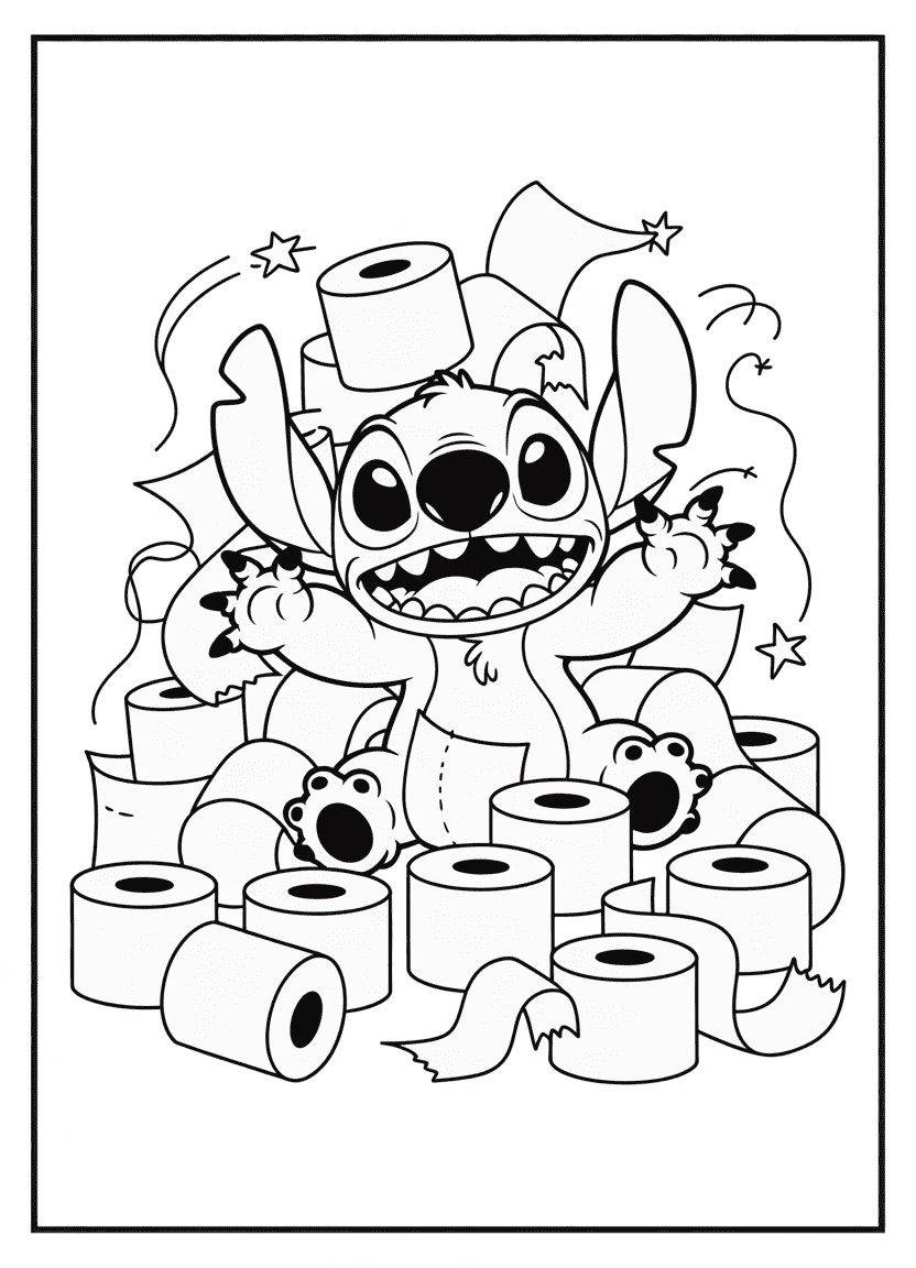Stitch tangled in toilet paper looking mischievous