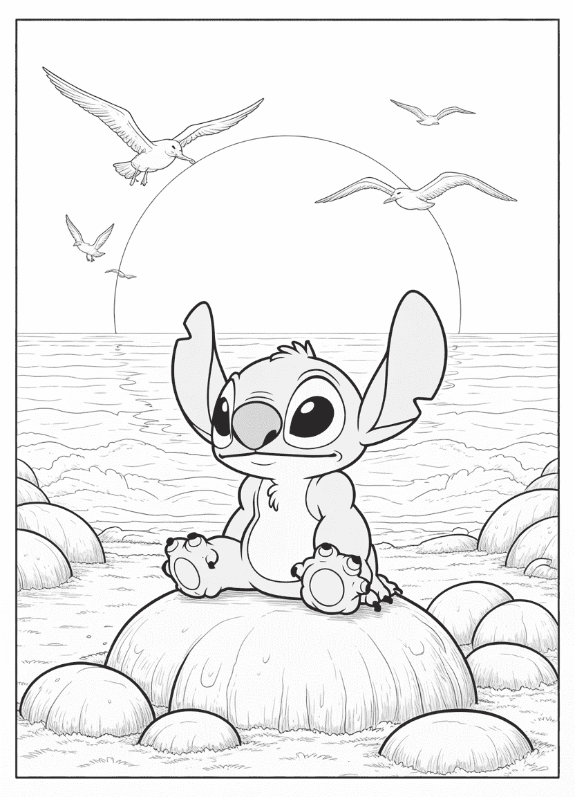 Stitch watching a tropical sunset by the ocean