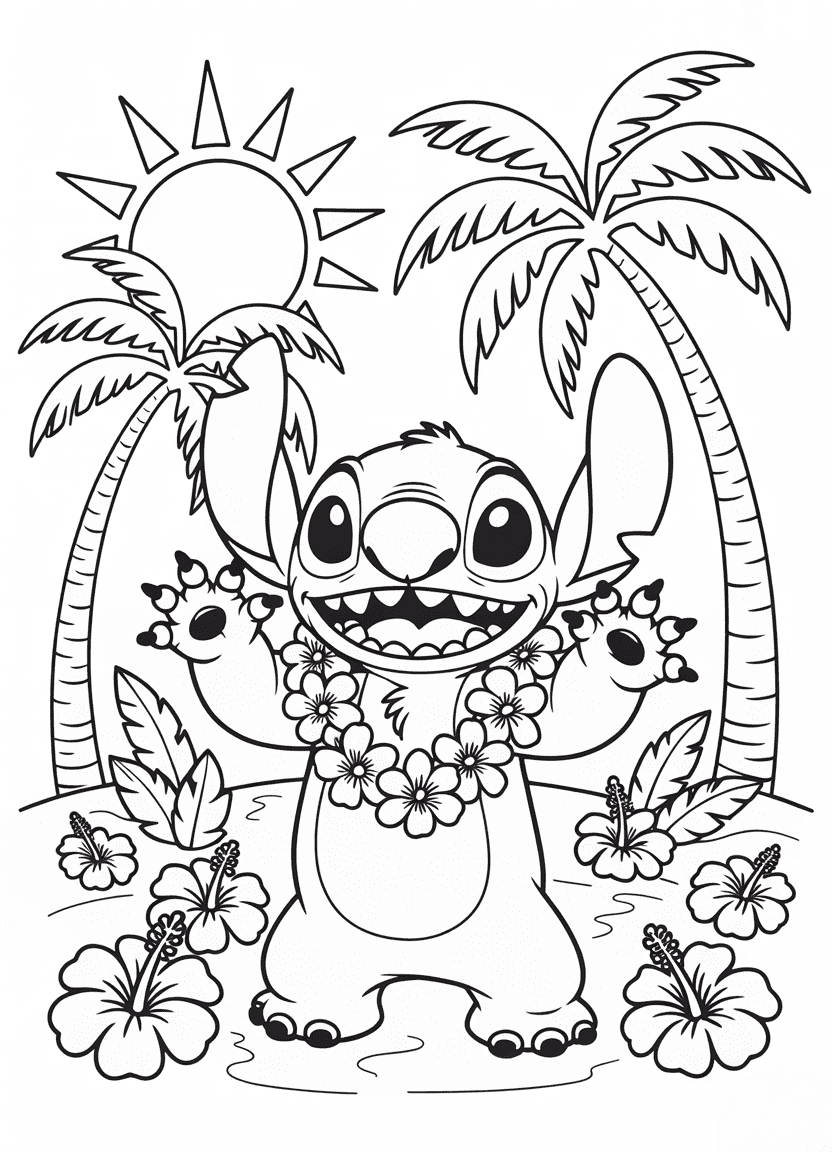 Stitch wearing a Hawaiian flower lei and smiling.