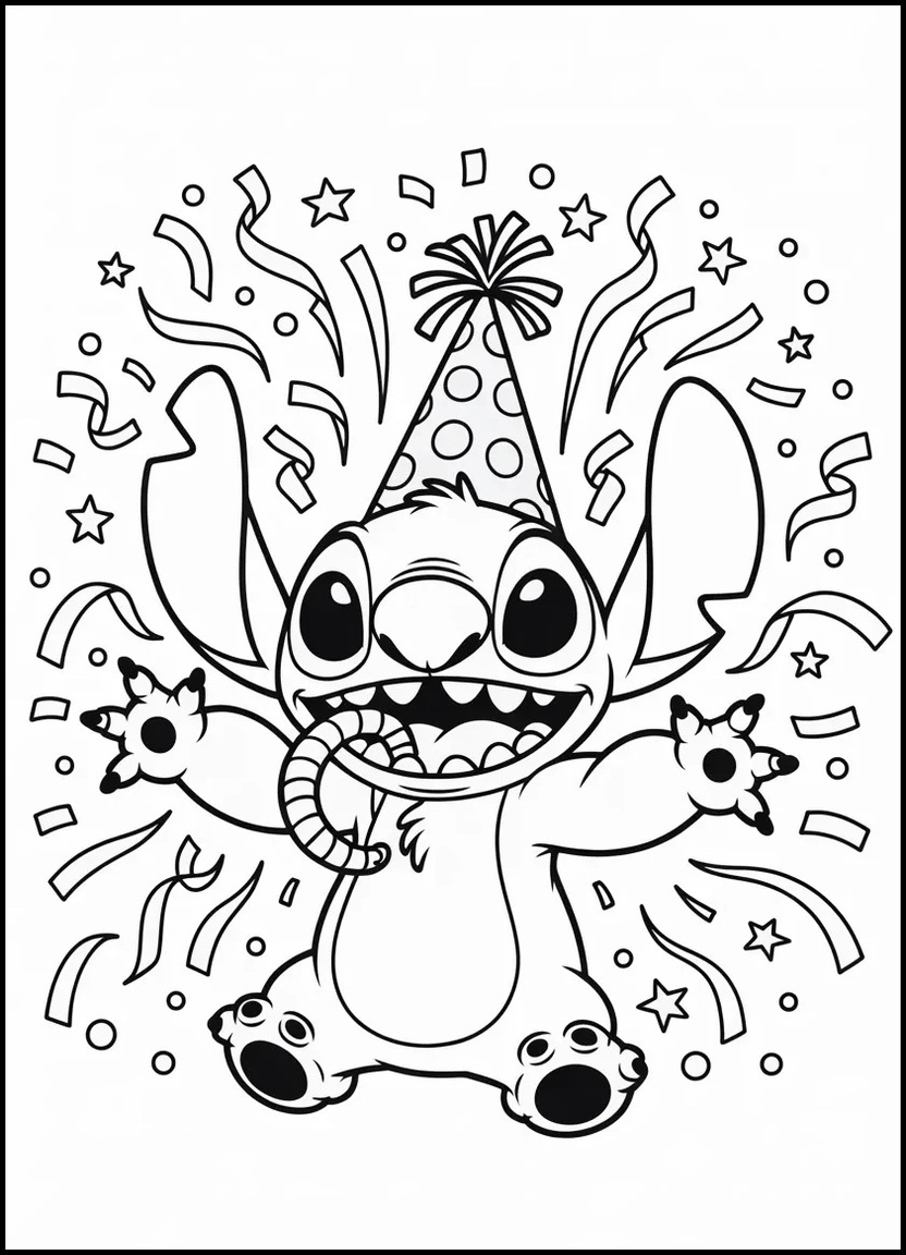 Stitch wearing a party hat and blowing a noisemaker