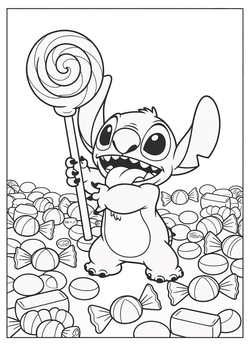 Stitch with a huge swirl lollipop and candies