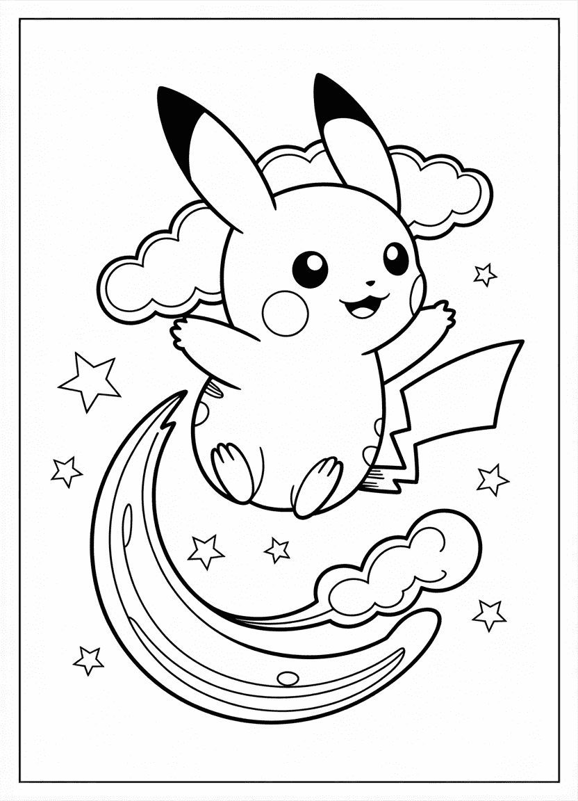 Surreal-style Pikachu with clouds and stars, floating in a dreamscape