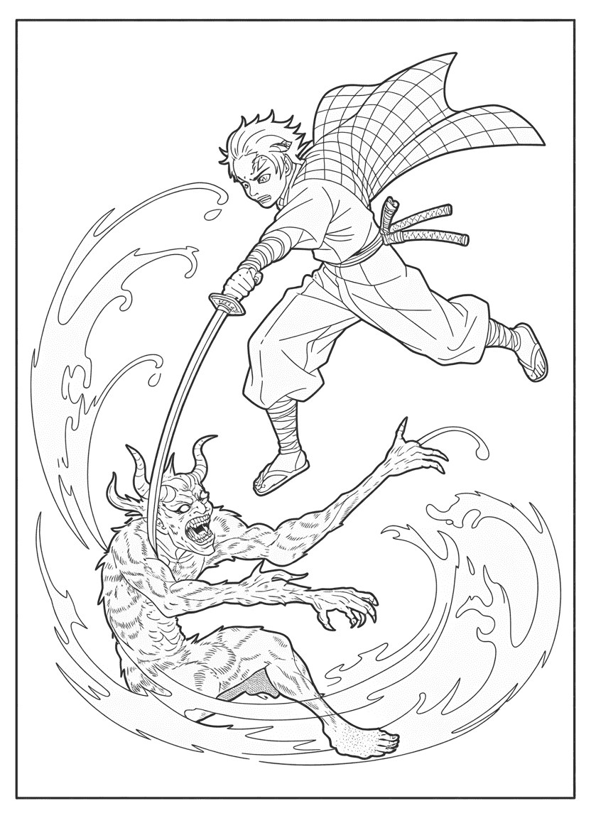 Tanjiro Kamado battling a demon with his Water Breathing sword technique