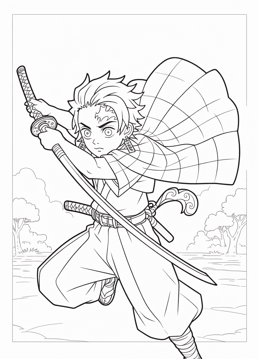 Tanjiro Kamado coloring page with sword, earrings, and signature green checkered haori