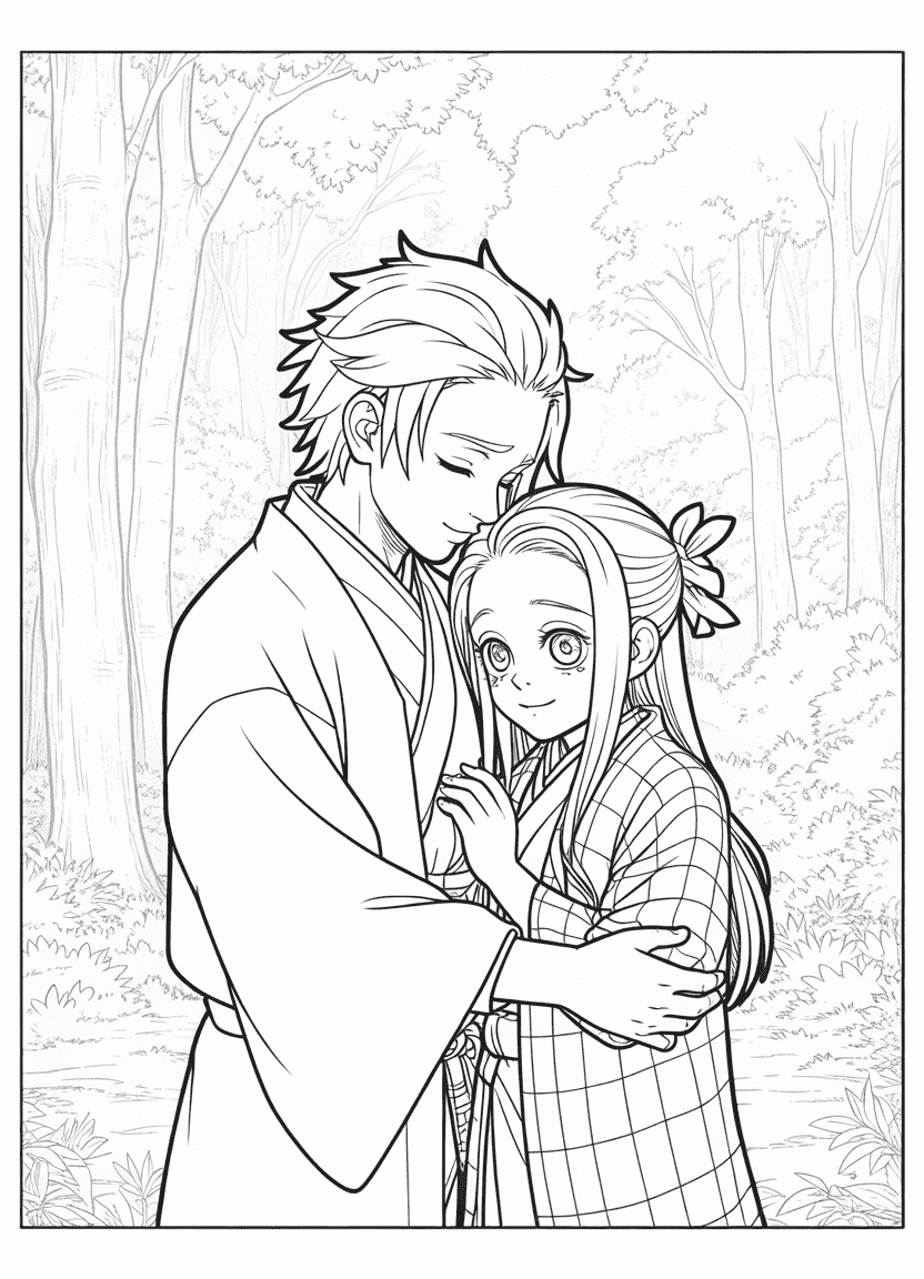 Tanjiro and Nezuko coloring page showing their sibling bond