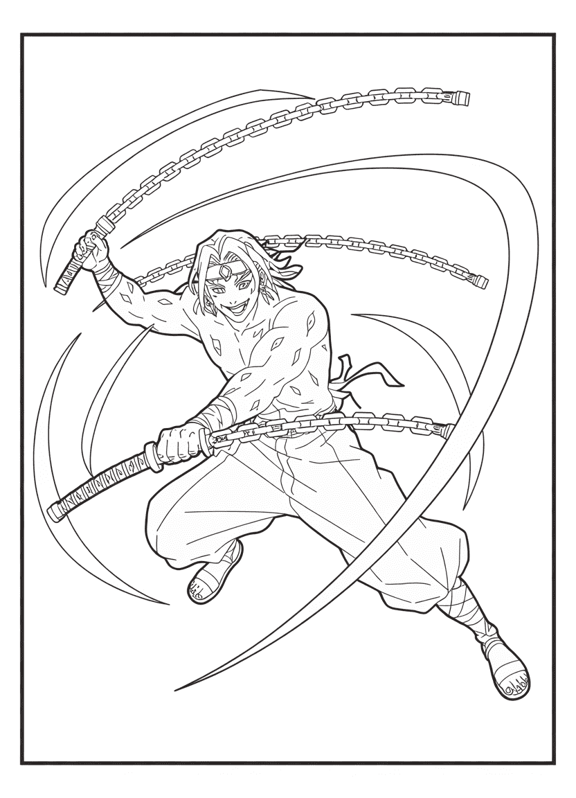 Tengen Uzui action pose coloring page with dual blades and Sound Breathing flair