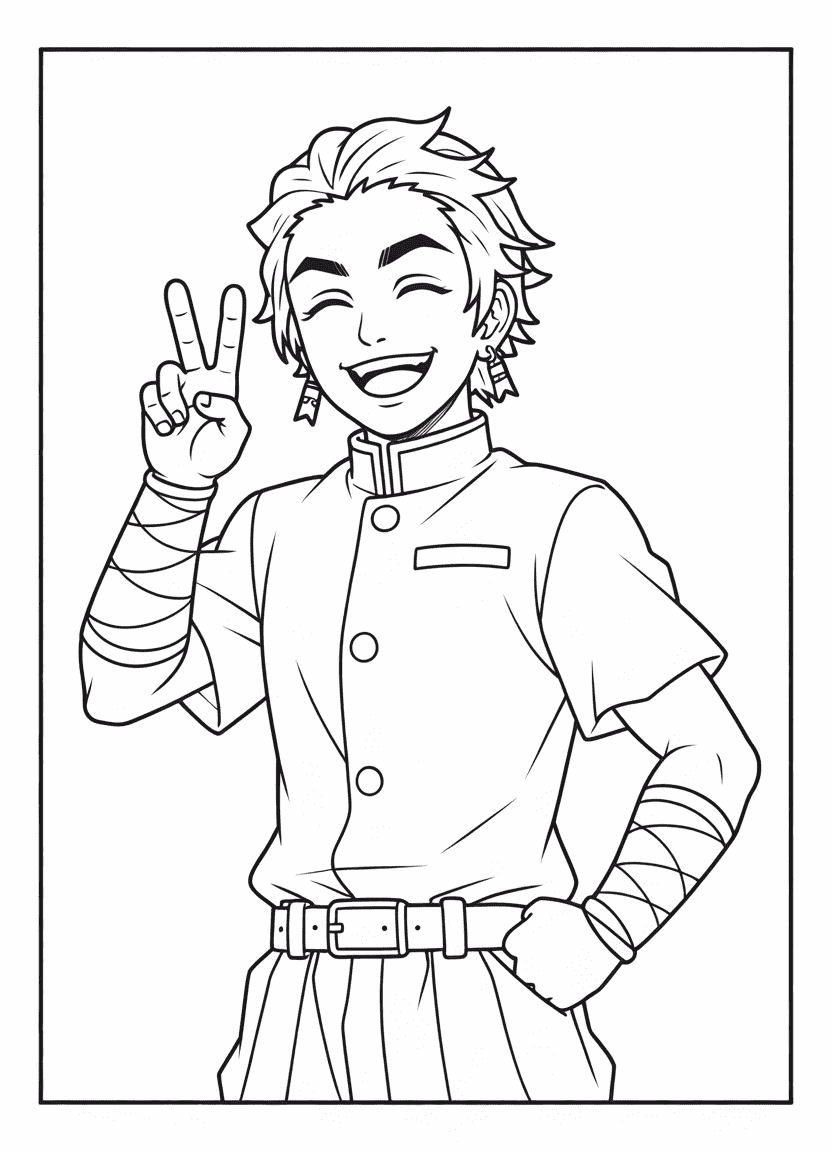 Tengen Uzui coloring page for kids doing a peace sign in simplified style