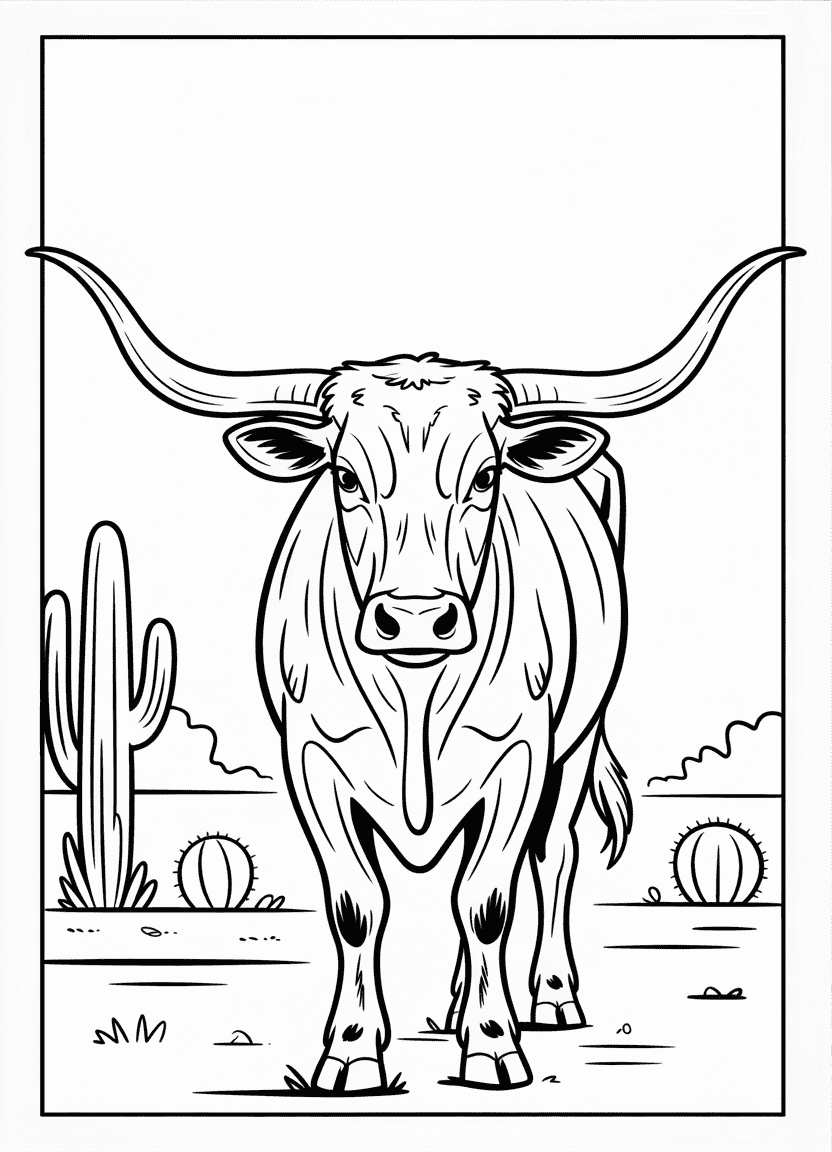 Texas Longhorn cow with wide horns coloring page