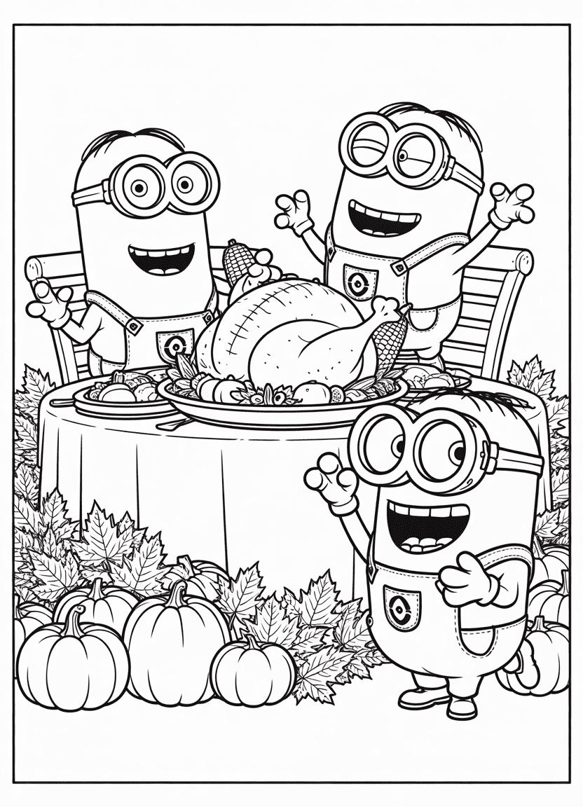 Thanksgiving Minions at a feast table with turkey and pilgrim hats