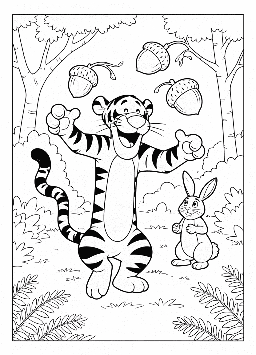 Tigger bouncing on his tail in a clearing with Rabbit watching