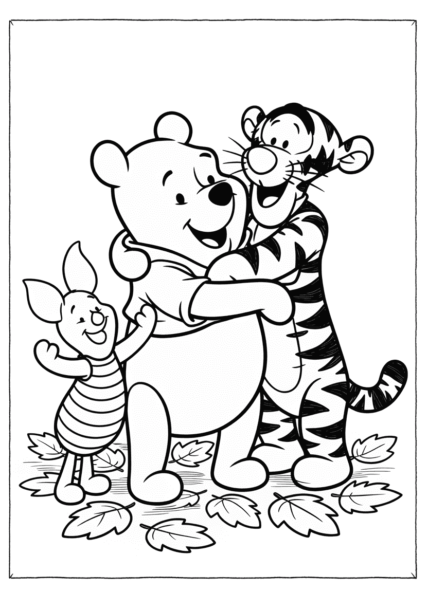 Tigger hugging Pooh tightly while Piglet watches and smiles