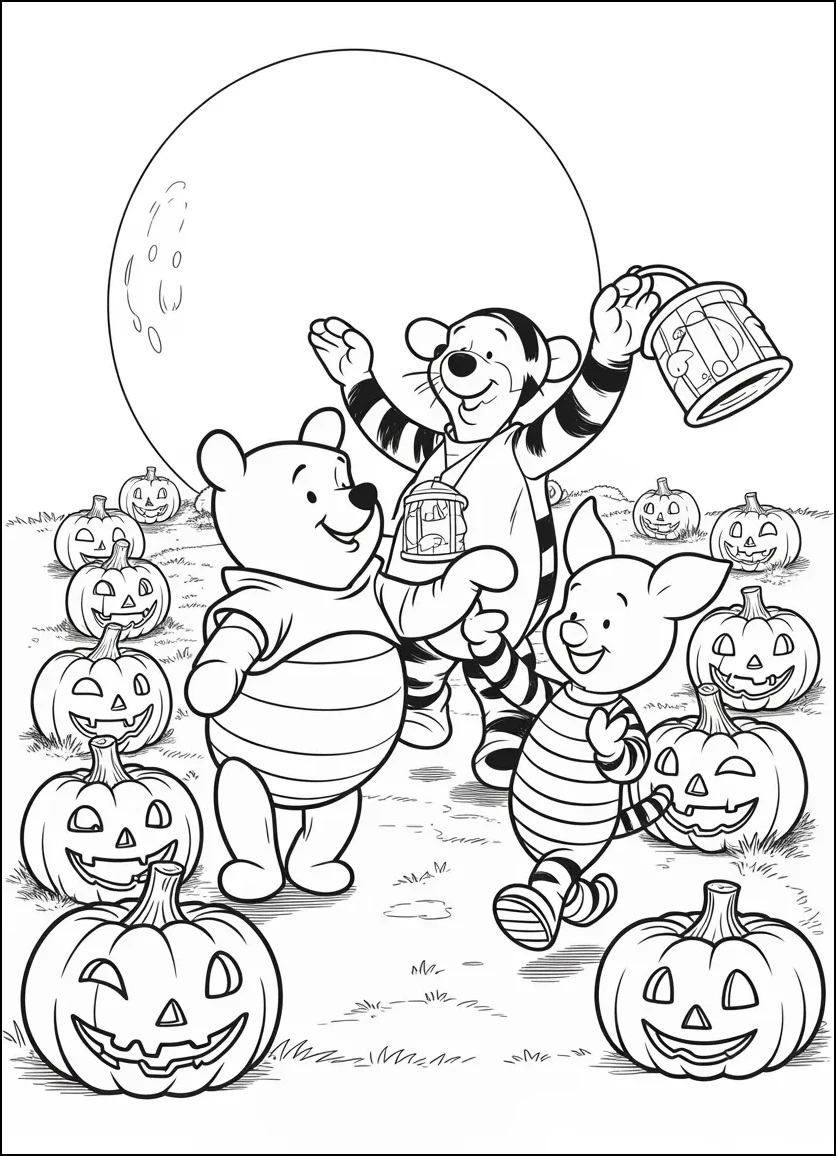 Winnie the Pooh, Tigger, and Piglet trick-or-treating in Halloween costumes under a full moon