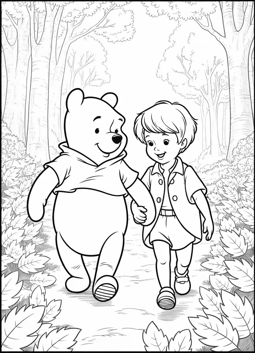 Winnie the Pooh and Christopher Robin walking hand-in-hand in the woods
