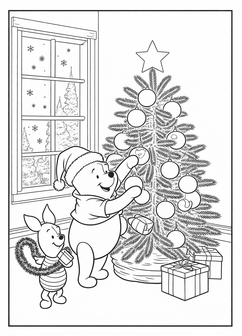 Winnie the Pooh and Piglet decorating a Christmas tree with snow falling outside