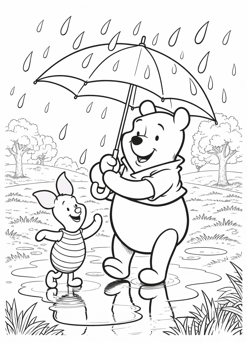 Winnie the Pooh and Piglet walking in the rain with umbrellas and puddles