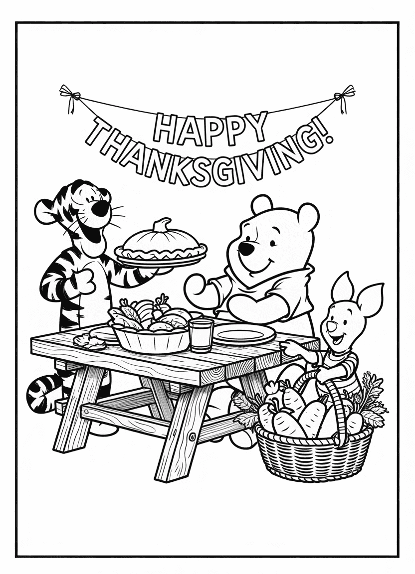 Winnie the Pooh and friends enjoying a Thanksgiving feast in the forest