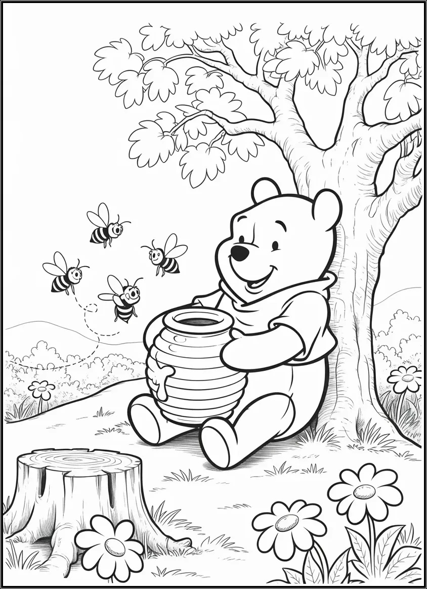 Winnie the Pooh eating honey under a tree in the Hundred Acre Wood