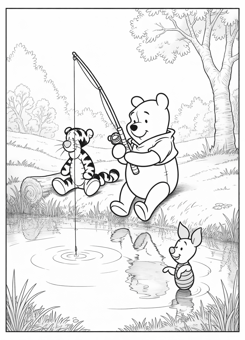 Winnie the Pooh fishing at a pond with Tigger and Piglet nearby