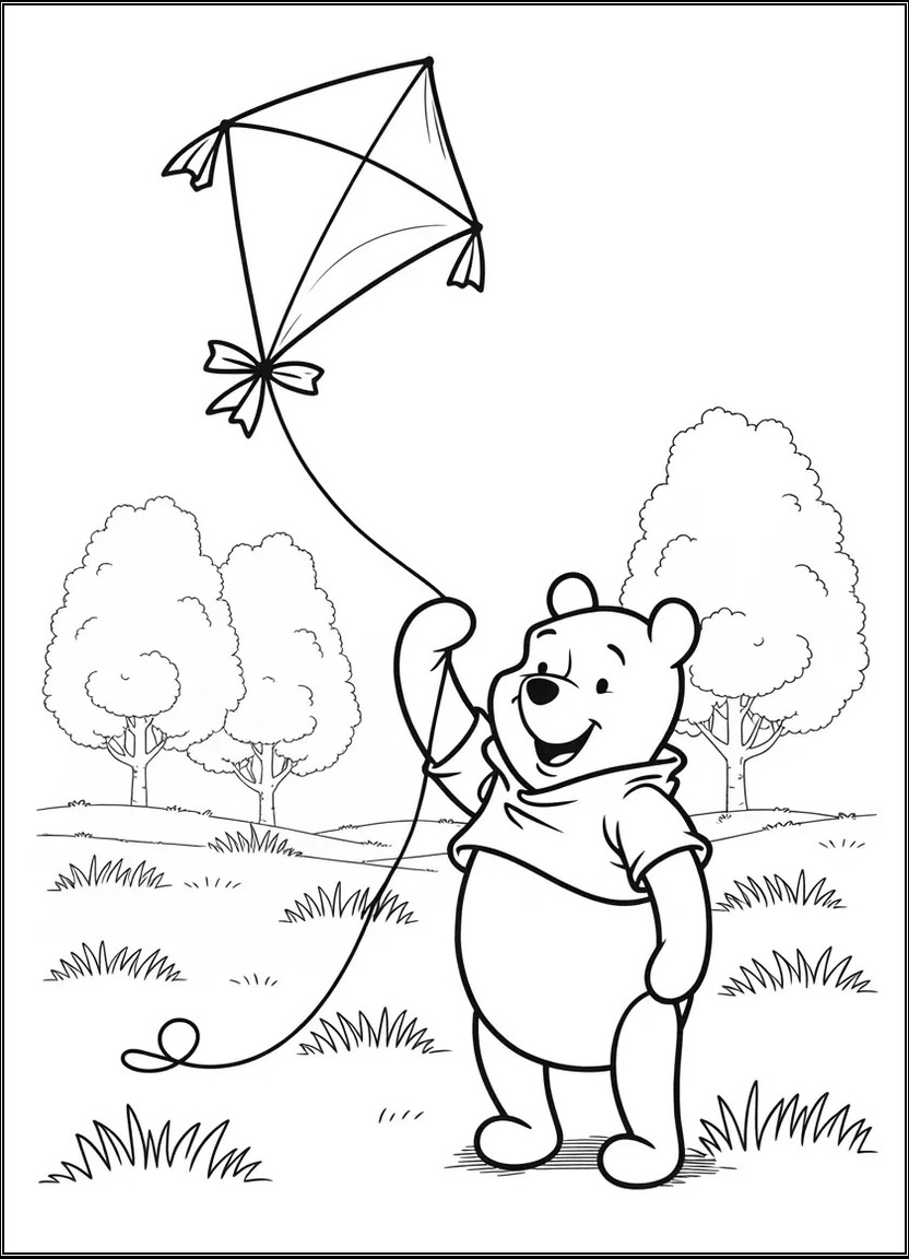 Winnie the Pooh flying a kite in a windy field