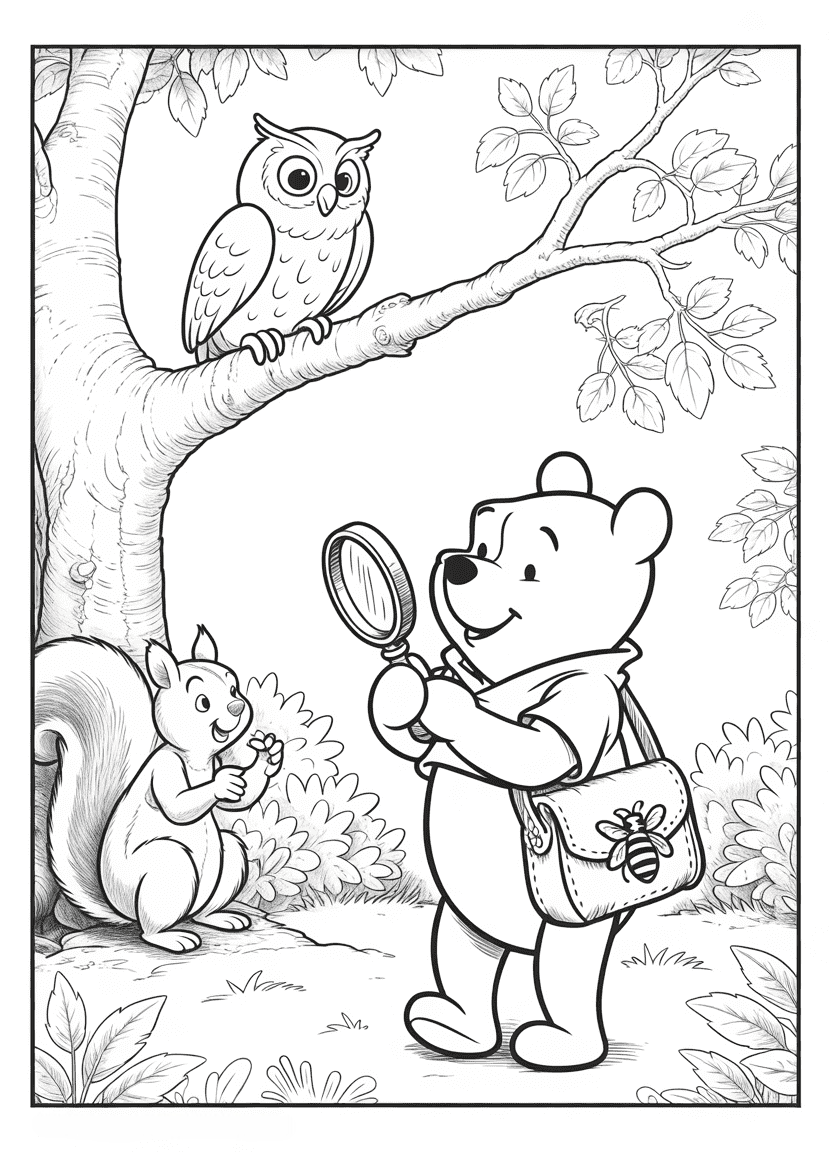 Winnie the Pooh on a forest treasure hunt with a magnifying glass and satchel