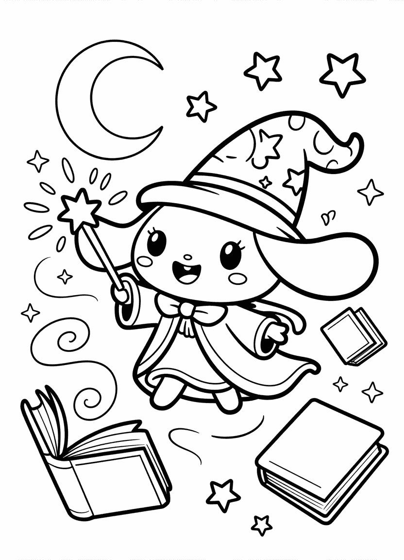 Wizard Cinnamoroll casting starry spells in a magical library.
