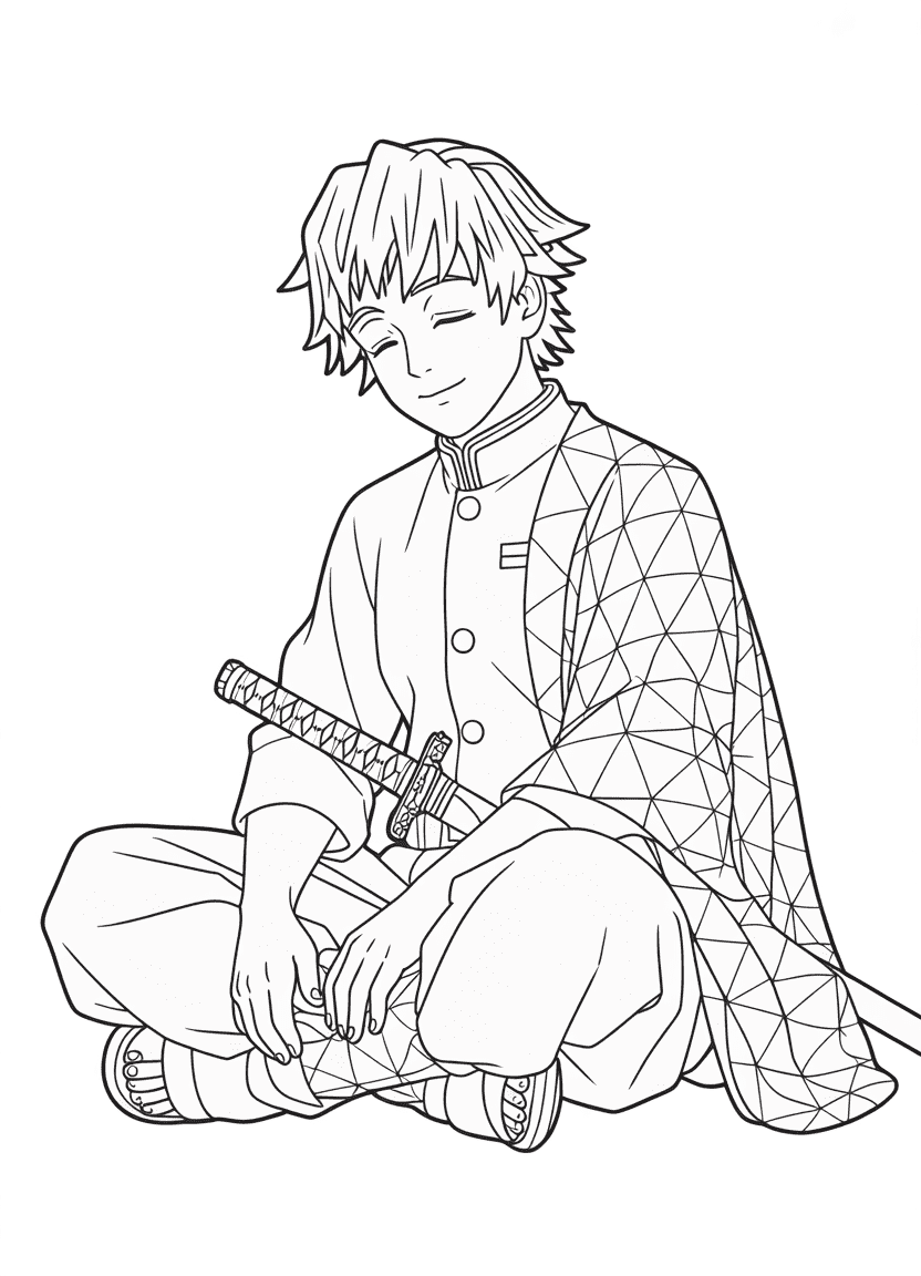 Zenitsu coloring page for kids with relaxed pose and simple shapes