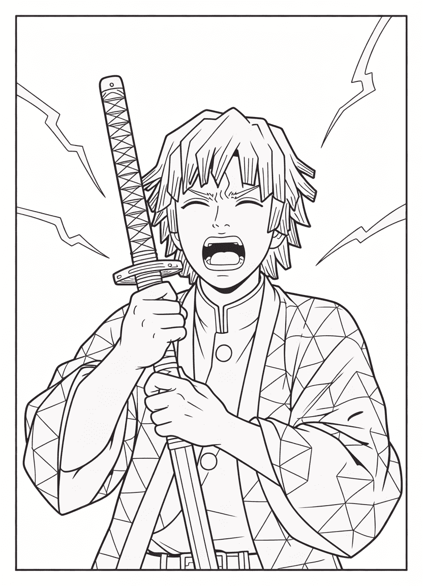 Zenitsu coloring page showing him screaming with sword drawn